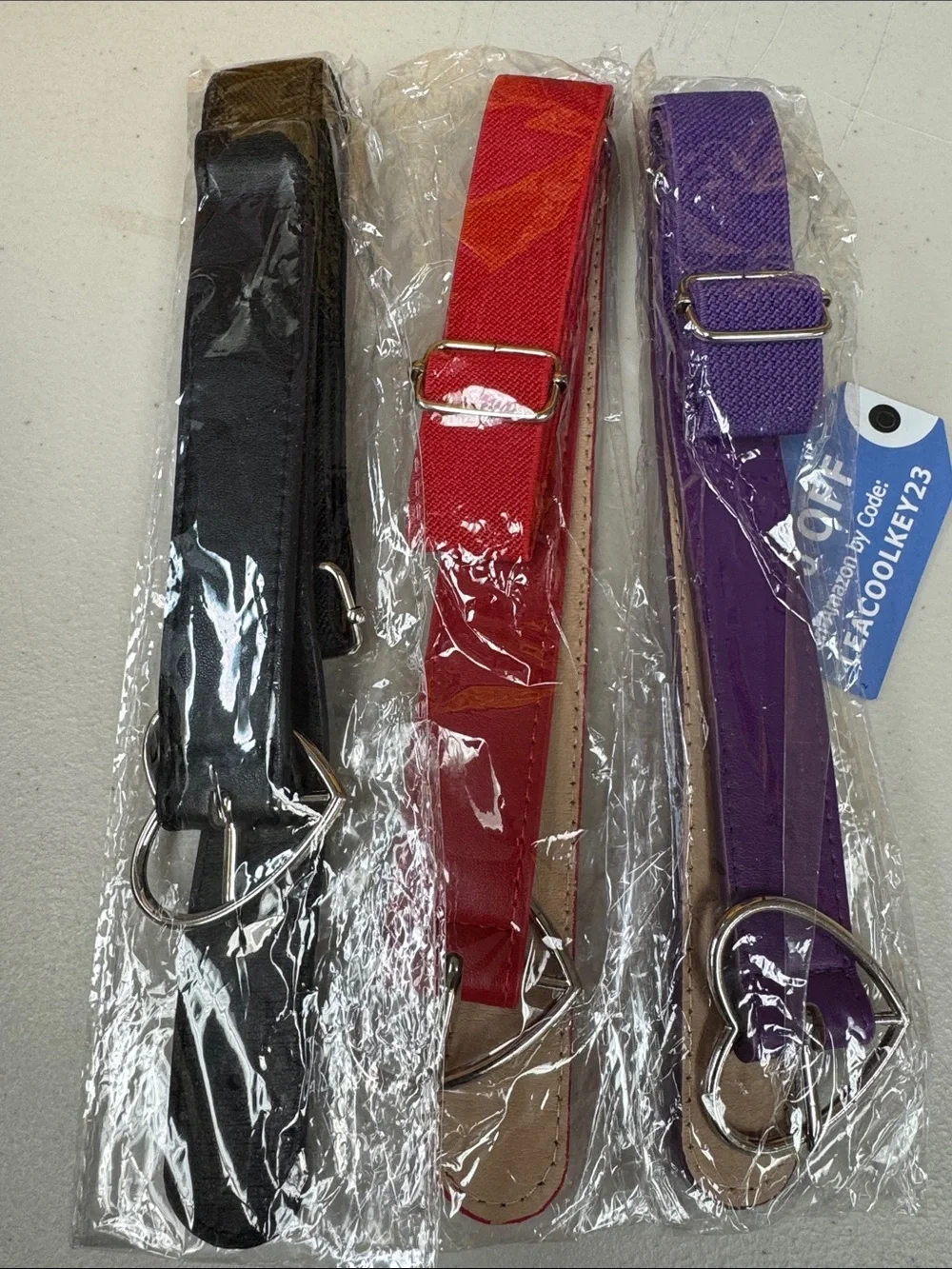 3 piece kids stretch belts Adjustable Heart Buckle Straps - Black, Red, Purple